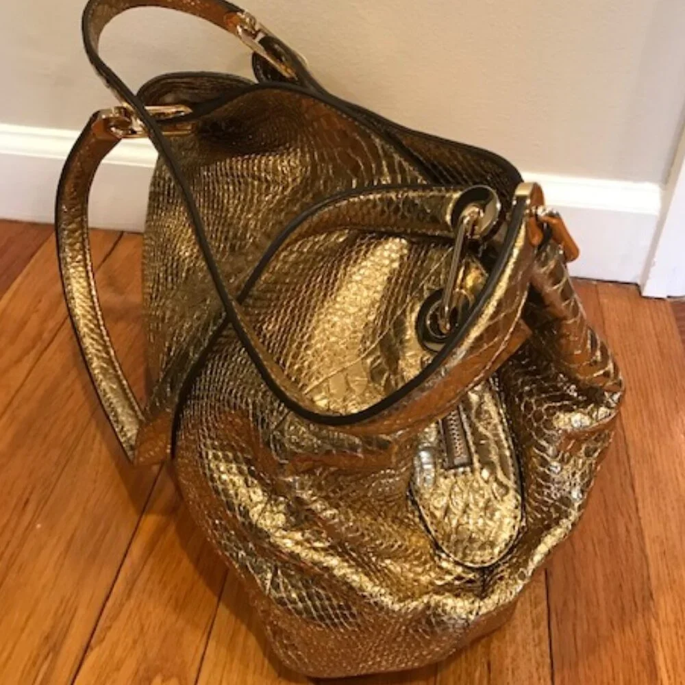 Michael Kors Raven Gold Metallic Embossed Shoulder Bag Tote - Picture 6 of 8